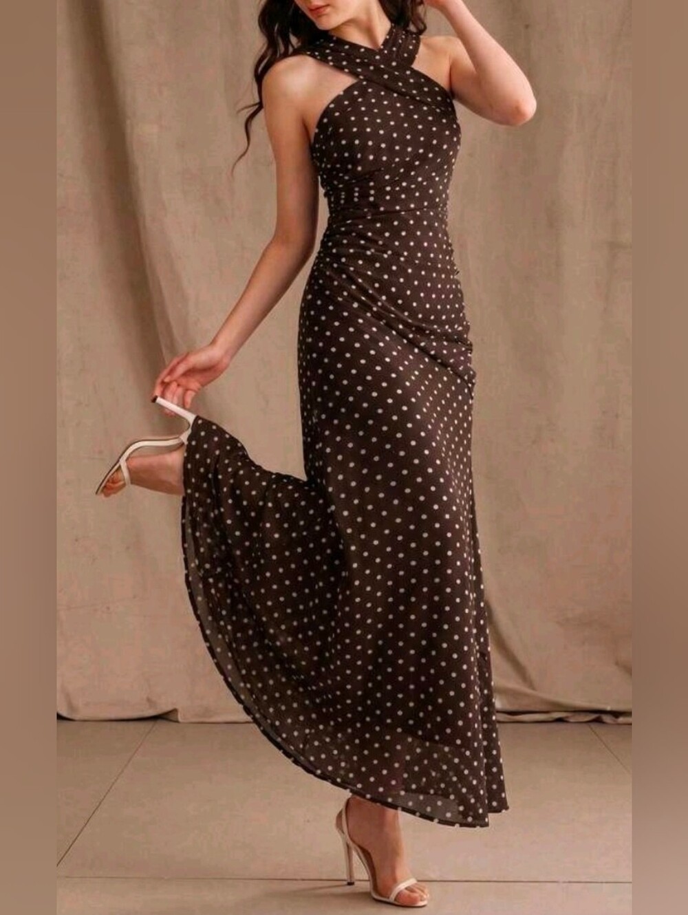 New Flowy Chiffon Polka Dot Halter Ruched Maxi Dress Brown White - Picture 6 of 13